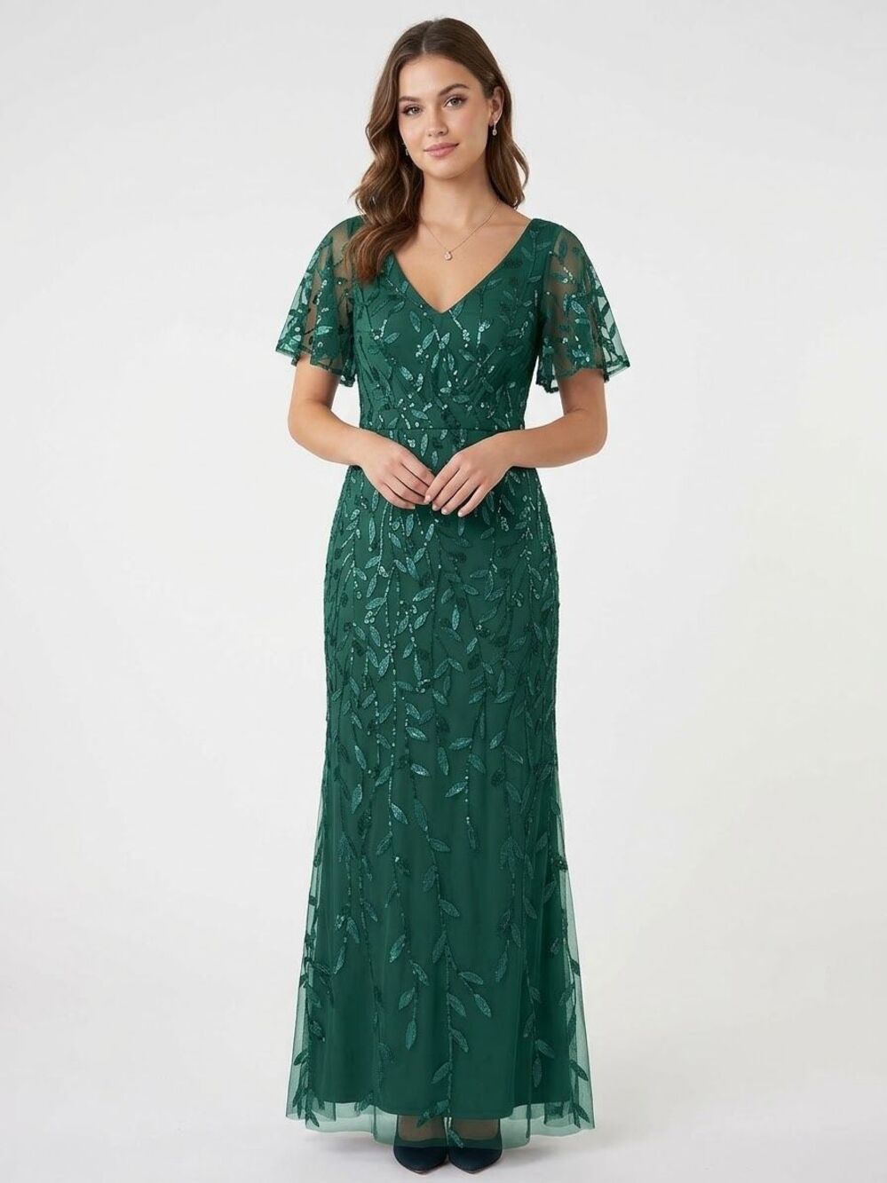 Azazie Emerald Green Sequined Leaf Flutter Sleeve Fairycore Maxi Dress A10